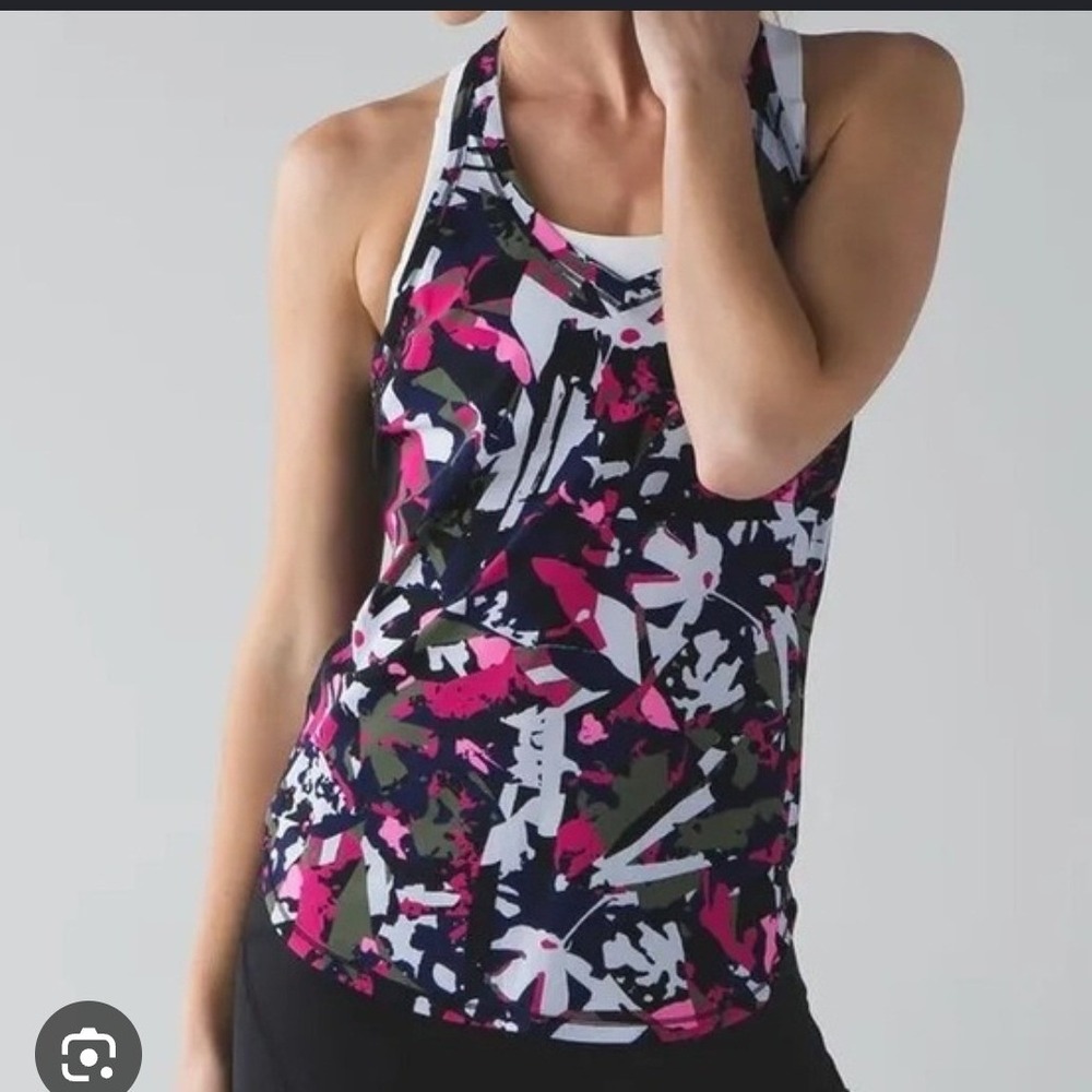 Lululemon Racerback Tank Top Pink Olive Abstract Camo‎ Mesh Panels Womens
